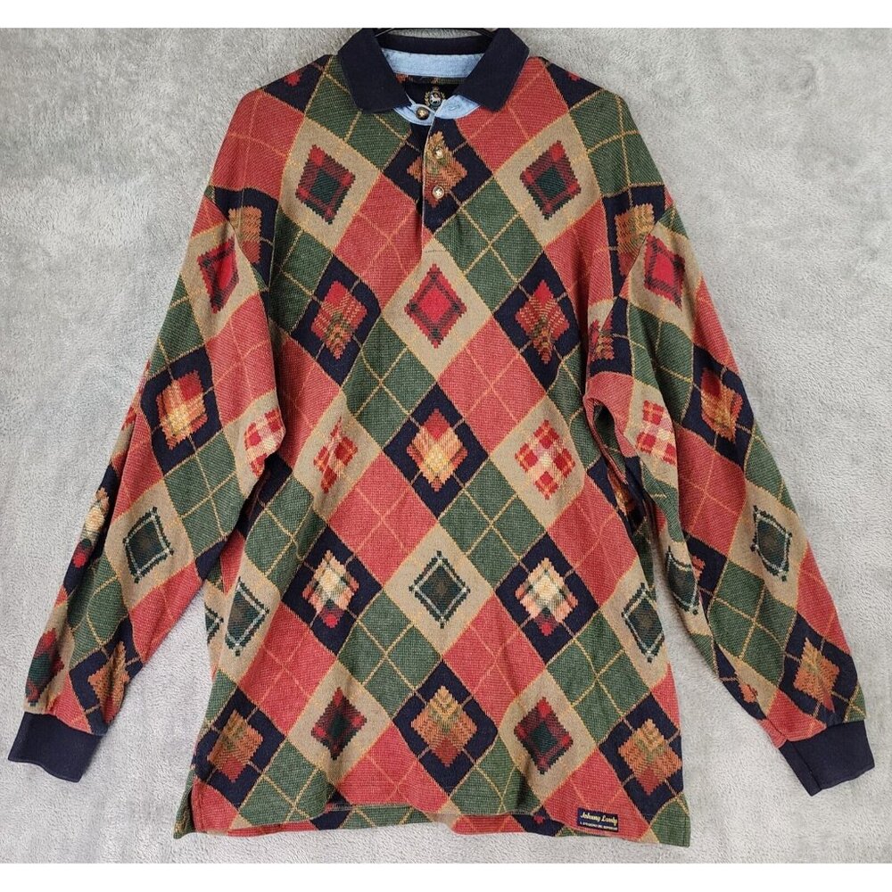 Johnny Lambs Shirt Mens Large Multicolor Distressed Vintage Long Sleeve Polo
